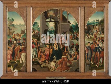 Triptychon mit Anbetung der Könige (Mitte- und Innenflügel), Abt des Heiligen Antonius (links, äußerer Flügel) und Adrian (rechts, äußerer Flügel), Meister von Alkmaar (zugeschrieben), ca. 1500 - ca. 1504 Gemälde Triptychon mit der Anbetung der Könige auf der Mitteltafel. Für eine Ruine sitzt Maria auf seinem Schoß mit dem Christkind zwischen den drei Königen, die in Anbetung sind. Im Stall steht Joseph am OS und Esel, zwei Engel halten einen hellen Stern hoch. Im Hintergrund wurde die Reise der drei Weisen in zwei kleinen Szenen dargestellt. Auf der linken Seitenwand auf der Innenseite der Abgang der drei Könige Stockfoto