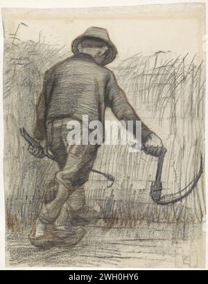 Maisschneider mit Hut, von hinten gesehen, Vincent van Gogh, Zeichenpapier 1885. Kreide. Bleistiftpinsel schneiden, pflücken, Mähen  Ernte. Landwirtschaftliche Geräte: Sichel Stockfoto