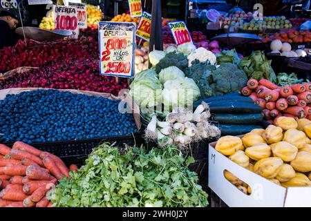 Die Marktstände rund um den Mercado Central in Chile bieten eine lebhafte Auswahl an Waren, darunter frisches Obst und Gemüse. Stockfoto