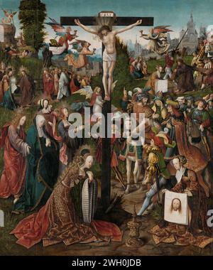 Die Kreuzigung, Jacob Cornelisz van Oostsanen, um 1507 - um 1510 Gemälde Kruisberg mit vielen Figuren und verschiedenen Epioden aus der Leidenschaft. Mitten in Christus am Kreuz, mit vier Engeln, die sich um das Blut kümmern. Im Vordergrund Maria Magdalena, Maria, Johannes und die Heilige Veronica mit dem Schweißtuch. Am Rand ihres Mantels steht: Salve SACT (A) Facies NOS (TRI) Redemptor (IS). Direkt auf dem Pferderücken Longinus und dem Centurion. Im Hintergrund: Das Kreuz, Christus, der sich von seiner Mutter verabschiedet, und das Gebet im Hof van Olives in Getsemane. Amsterdam Panel. Ölfarbe (Lack) Stockfoto