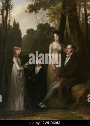 Porträt von Rutger Jan Schimmelpenninck und seiner Familie, Pierre Prud'Hon, 1801–1802 Gemälde Familienporträt von Rutger Jan Schimmelpenninck (1761–1825), Gesandter der Batavischen Republik in Paris (1798–1802; 1803–05), mit seiner Frau Catharina Nahuys (1770–1844) und seinen Kindern Catharina (1790–1842) und Gerrit ( 1794–1863) in einem Park oder Garten. Der Vater sitzt rechts mit einem Buch auf dem Schoß eines Baumes, seine Frau steht neben ihm mit den beiden Kindern links. Der Junge hat eine Ziege bei sich, das Mädchen einen Blumenkranz. Leinwand. Ölfarbe (Farbe) Familiengruppe, insbesondere Eltern mit ihrem Kind(en) Stockfoto