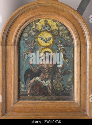 Die Heilige Dreifaltigkeit, Maarten van Heemskerck, um 1550 - um 1574 Gemälde der dreifaltigkeit. Christus erhebt sich aus dem Grab, getragen von den Symbolen der Evangelisten. Engel im Himmel, Gott der Vater und die Taube des Heiligen Geistes. Träger: Glas. Liste: Holz (Pflanzenmaterial) Auferstehung Christi. Symbolische Darstellungen der Auferstehung (+ Heilige Dreifaltigkeit) Stockfoto