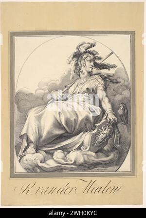 Minerva, Roelof van der Meulen, nach Hendrick Goltzius, 1816–1833 Zeichnung Minerva sitzend in ihrer Rüstung auf einer Wolke mit einer Eule auf der rechten Seite. Papier. Tinte. Bleistift (Geschichte von) Minerva (Pallas, Athena) Stockfoto