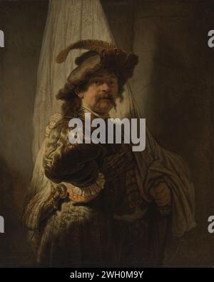 Der Standardträger Rembrandt van Rijn, 1636 Gemälde für eine Säule, ein Standardträger ist halb lee und Profil dargestellt. Er hält seinen Ellenbogen in der Seite, der dadurch zum Betrachter ragt. Sein Kopf ist frontal bemalt und er schaut den Betrachter durchdringend an. Er trägt Kleidung aus dem 16. Jahrhundert mit Sint in den Ärmeln und einer Schamtasche. Sein schwacher Hut hat Kerben am Rand. Nicht nur das Banner, das er mit seiner linken Hand hält, sondern auch seine Halsberg und DEGEN aus Metall weisen darauf hin, dass hier ein Soldat abgebildet ist. Das helle Licht, das von oben links kommt, fällt auf das Banner und auf das Th Stockfoto