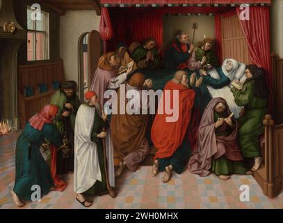 Der Tod der Jungfrau, Meister der Amsterdamer Tod der Jungfrau, um 1500 Gemälde das Totenbett von Maria. Innenraum mit Maria auf ihrem Sterbebett, umgeben von den Jüngern Christi. Johannes gibt Maria eine Kerze in die Hand, Petrus hält einen Weihwasserpinsel hoch, andere beten mit Büchern für sich. Von der Zevenkeurvorstenhofje im Tuinstraat in Amsterdam. Panel Nord-Niederlande. Ölfarbe die Dormition: Maria auf ihrem Sterbebett; die Apostel sind um sie versammelt (Johannes der Evangelisten kann schlafend oder träumend gezeigt werden). Sterbebett. Buch. Kerze Stockfoto