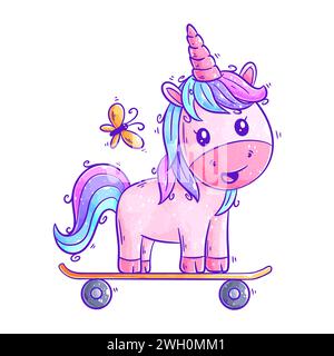 Niedliches Einhorn spielt Skateboard-Cartoon-Vektor Stock Vektor