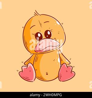 Niedliche Entenpuppe sitzend allein Zeichentrickstil Vektor Stock Vektor
