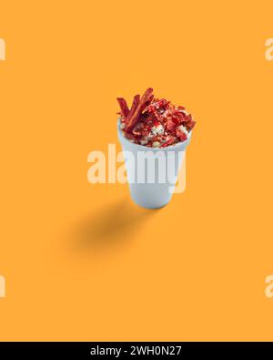 Maiszubereitung in einer Tasse, Esquite, mexikanischer Snack, Street Food, scharf, Chamoy, Chili Pulver, Trolelote, minimalistisches Orange, Hintergrund, keine Personen Stockfoto