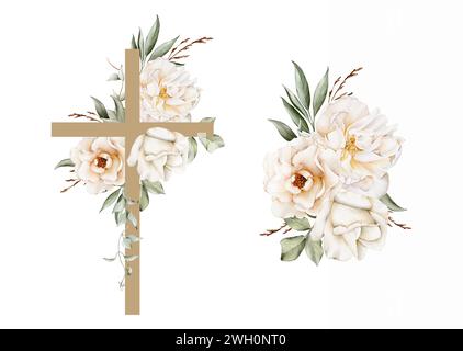 Ein Set aus Blumenkreuz und Blumenstrauß mit weißen, sanften Blumen. Aquarell isolierte Illustrationen. Clipart für Osterdesign, Epiphanien, Taufe, Tannen Stockfoto