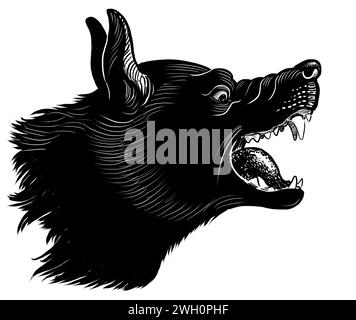 Wütender schwarzer Hund. Handgezeichnete Schwarz-weiß-Illustration Stockfoto