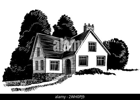 Altes Haus auf dem Land. Handgezeichnete Schwarz-weiß-Illustration Stockfoto