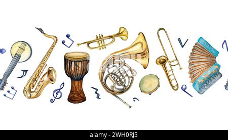 Aquarell gezeichnete Musikinstrumente isoliert auf weißem Hintergrund. Nahtlose Grenze für ein Musikprojekt. Handgezeichnetes Akkordeon, Banjo, Trommeln und Horn. T Stockfoto