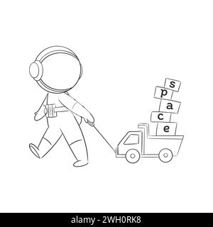 Astronaut läuft, zieht Spielzeugauto zum Färben Stock Vektor