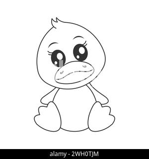 Niedliche Entenpuppe, allein sitzend, Zeichentrickstil zum Färben Stock Vektor