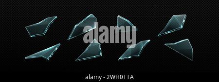 Zerbrochene Glas- oder Eisstücke isoliert auf transparentem Hintergrund. Vektor-realistische Illustration von abgestürzten Spiegelsplittern, Kristallsplittern, Fensterfragmenten abstrakter Form mit ungleichmäßigen scharfen Kanten Stock Vektor