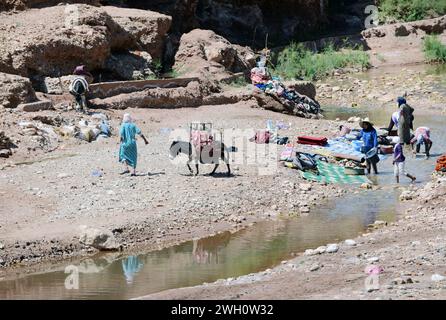 Lokale Berberfrauen waschen Kleidung am Asif Ounila Fluss bei Ksar von Ait-Ben-Haddou in Marokko. Stockfoto