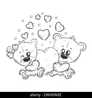 Ein Paar süßer Bären spreizt Herzen zum Färben Stock Vektor
