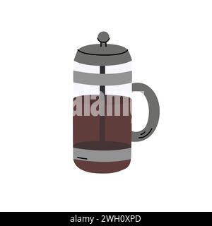 Französische Presse Kaffeemaschine Kritzelvektor Illustration. Niedliches handgezeichnetes Element. Kaffeezubereitung am Morgen mit französischem Presswerkzeug, Ausrüstung. Stock Vektor