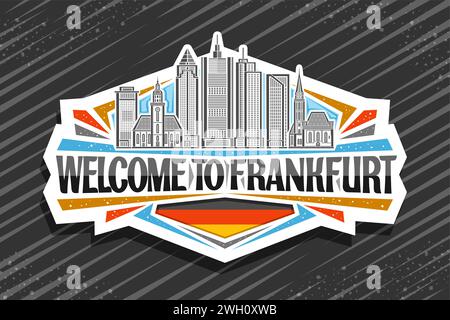 Vektor-Logo für Frankfurt, weißes dekoratives Etikett mit Illustration der europäischen frankfurter Stadtlandschaft auf Tag-Himmel-Hintergrund, Linie Art Design Kühlschrank Stock Vektor