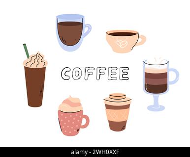 Kaffee verschiedene Getränke Set Vektor Illustration. Süße Kritzeltassen mit Espresso, Frappe, Mokka, Kaffee zum Mitnehmen. Designelemente für Zeichentrickfilme. Einfache Hand Stock Vektor