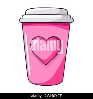 Niedlicher Vektor-Icon-Kaffee mit rosa Herz für Valentinstag. Flache Design-Elemente-Kollektion. Minimale Zeichentrickdarstellung für Webbanner und Gree Stock Vektor