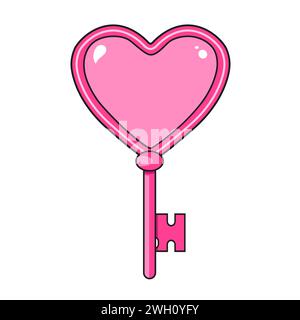 Niedlicher Vektor-Icon rosa Schlüssel mit Herz für Valentinstag. Flache Design-Elemente-Kollektion. Minimale Zeichentrickabbildung für Design-Webbanner und Greetin Stock Vektor