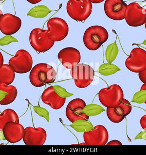 Nahtloses Aquarellmuster mit saftigen, lebendigen Kirschen. Ideal für Küchendekoration, Rezepte, Textilien, Marmelade Etiketten, Schürzen, Verpackung, Säfte Stockfoto