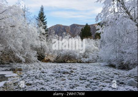 Eine ruhige, frostige Szene entfaltet sich mit einem Fluss, der sich durch einen Wald und Berge unter einem klaren Winterhimmel schlängelt. Stockfoto