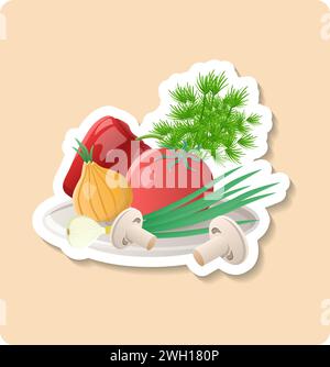 Illustration des Gemüseaufklebers. Zwiebeln, grün, Tomaten, Pfeffer, Pilze. Editierbares Vektorgrafik-Design. Stock Vektor