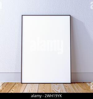 Rahmenmockup auf weißer Wand mit Hartholzboden, Rahmenmock-Up-Szene, Interor 3D-Rendering. Stockfoto