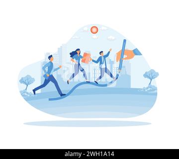 Geschäftsleute, die auf einer steigenden Diagrammlinie laufen. Großes handgezeichnetes Wachstumsdiagramm. Moderne Illustration des flachen Vektors Stock Vektor