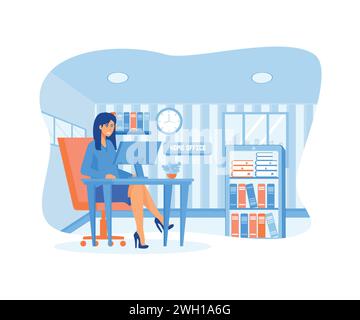 Frau, die von zu Hause aus arbeitet und online mit Kollegen spricht. Frau, die am Tisch im Zimmer sitzt und auf den Computerbildschirm blickt. Moderne Illustration des flachen Vektors Stock Vektor