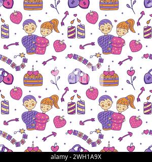 Nahtloses Muster mit verliebten Paaren und Valentinstag-Elementen. Verliebte Kerzen, herzförmige Schlösser, Armband und Kuchen. Valentinstag Stock Vektor