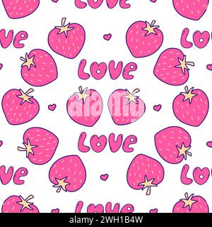 Nahtloses Muster mit rosafarbenen Erdbeeren und Text Love. Auf weißem Hintergrund. Vektor Bunte Kritzelillustration Hand gezeichnet. Reifer Sommer gesundes Berrie Stock Vektor