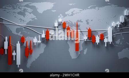 Diagrammdiagramm mit Weltkartenhintergrund. 3D-Rendering Stockfoto