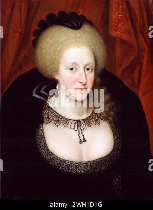 Anne von Dänemark (1574–1619), Königin von Schottland 1589-1619 und Königin von England und Irland 1603-1619 in Trauer, Porträtgemälde in Öl auf Tafel, 1628-1644 Stockfoto