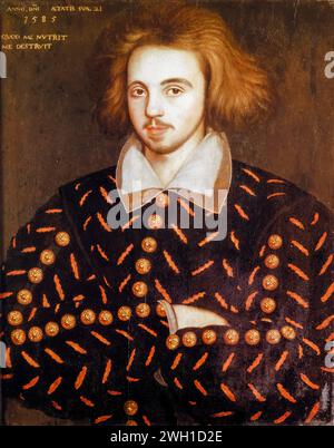 Christopher Marlowe, bekannt als Kit Marlowe (1564–1593), vermutetes Porträtbild des englischen Dramatikers, Dichters und Übersetzers der elisabethanischen Ära, Porträtmalerei in Öl auf Tafel, 1585 Stockfoto
