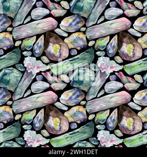 Hand gezeichnet Aquarell Illustration kostbares Halbedeljuwel Edelstein Kristall Chakra Geburtsstein. Turmalin Smaragdopal. Nahtloses Muster isoliert Stockfoto