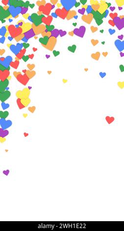 Fallende Herzen valentinskarte Vorlage. Regenbogenfarbene verstreute Herzen. LGBT-valentinskarte. Chaotisch fallende Herzen Vektor-Illustration. Stock Vektor