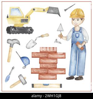 Clipart zur Erstellung von Aquarellen, handgezeichnete Illustration. Bauarbeiter, Kinder Schulkarten-ClipArt, lehrreiche, süße Kindergrafiken mit Professi Stockfoto