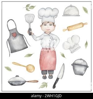 Aquarellkoch Clipart, handgezeichnete Küchenutensilien Illustration. Mann-Kocher, der an der Küche arbeitet, Kinder-Schulkarten-Clip-Art, lehrreiches, süßes Chi Stockfoto
