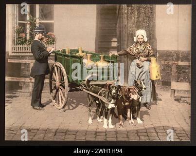 Flämische Milchfrauen, Antwerpen, Belgien. Der Druck zeigt eine Milchhändlerin neben ihrem zweirädrigen Wagen mit Milchkännchen, drei Hunde nach vorne und ein Mann in Uniform auf der linken Seite. Photochrom-Drucke--Farbe--1890-1900. Stockfoto