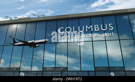 Flugzeuge landen in Columbus, Ohio, USA 3D-Rendering-Illustration. Ankunft in der Stadt mit dem Glasflughafen und Reflexion des Jetflugzeugs. Tr Stockfoto