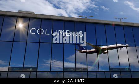 Flugzeuge landen in Columbus, Ohio, USA 3D-Rendering-Illustration. Ankunft in der Stadt mit dem Glasflughafen und Reflexion des Jetflugzeugs. Tr Stockfoto