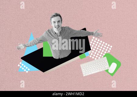 Fotocollage junger glücklicher lächelnder fröhlicher Mann Tastatur Computergeräte Maus moderne Technologie Benutzer Zeichnung Hintergrund Stockfoto