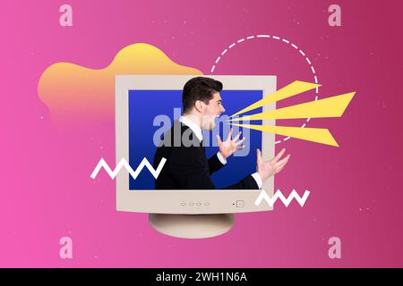 Kreatives Collage Bild junger Geschäftsmann Display pc Bildschirm Bildschirm schreiend schreiend entrüstet aggressiven, bossigen mentalen Druck Stockfoto