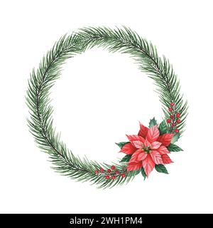 Aquarelltannenkranz mit Weihnachtsstern, Kiefernzweigen, Beeren Stockfoto