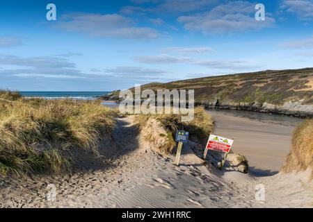 Gefahrenzeichen auf dem empfindlichen Sanddünen-System am Crantock Beach an der Küste von Newquay in Cornwall in Großbritannien. Stockfoto