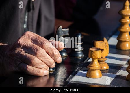 Hände älterer Rentner mit Schachfiguren im öffentlichen Park in Belgrad, schöner sonniger Tag Stockfoto