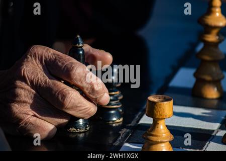 Hände älterer Rentner mit Schachfiguren im öffentlichen Park in Belgrad, schöner sonniger Tag Stockfoto